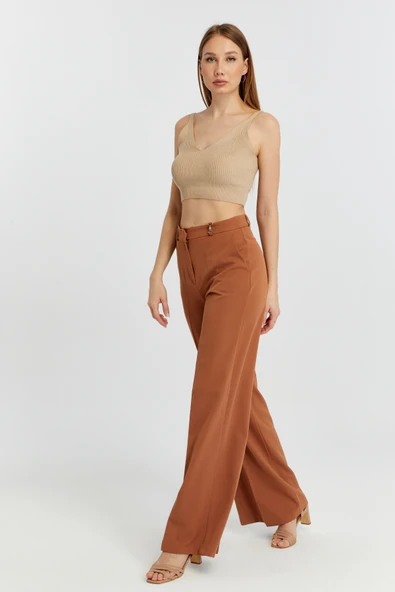 Taba Rengi Palazzo Geniş Paça Dokuma Kumaş Pantolon - 3