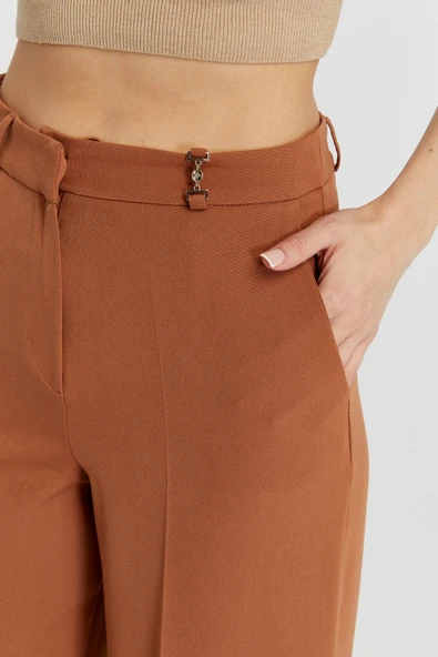 Taba Rengi Palazzo Geniş Paça Dokuma Kumaş Pantolon - 2