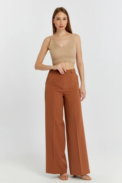 Taba Rengi Palazzo Geniş Paça Dokuma Kumaş Pantolon - 6