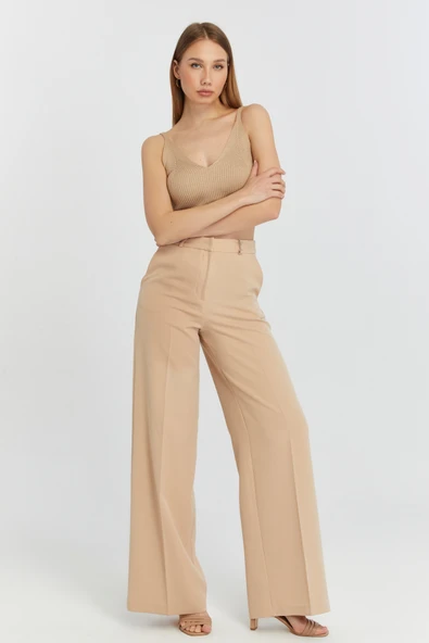 Vizon Palazzo Geniş Paça Dokuma Kumaş Pantolon - 2