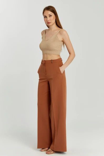 Taba Rengi Palazzo Geniş Paça Dokuma Kumaş Pantolon - 5