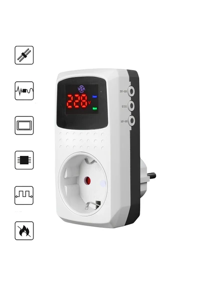 Tekli Akım Korumalı Priz 16A, 3520W, Dijital Göstergeli, Voltaj Koruma Özellikli Priz