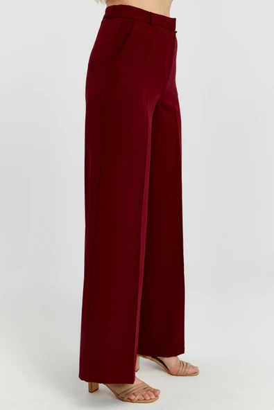 Bordo Palazzo Geniş Paça Dokuma Kumaş Pantolon - 8