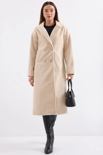 Krem Oversize Geniş Kesim Yünlü Uzun Kaşe Kaban 9113 - 2