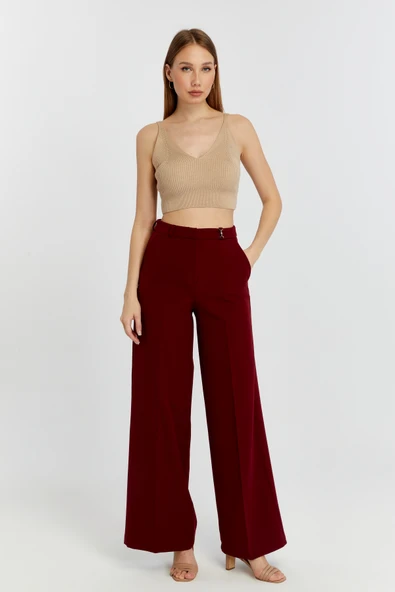 Bordo Palazzo Geniş Paça Dokuma Kumaş Pantolon - 6