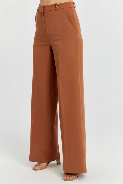 Taba Rengi Palazzo Geniş Paça Dokuma Kumaş Pantolon - 9