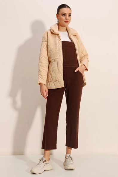 5182 Peluş Detaylı Oversize Şişme Mont - Bej - 2