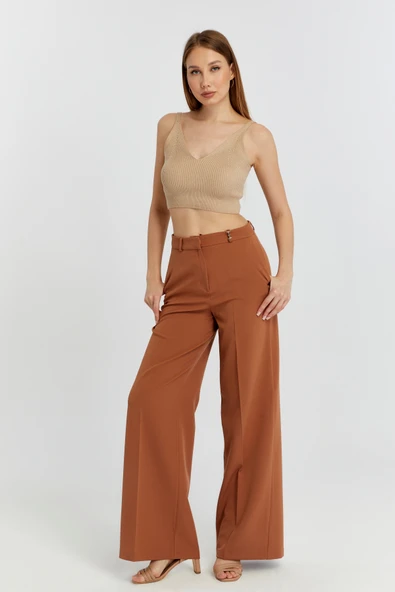 Taba Rengi Palazzo Geniş Paça Dokuma Kumaş Pantolon - 4