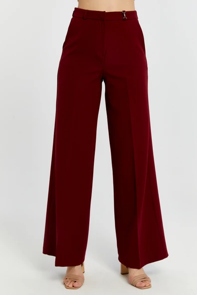 Bordo Palazzo Geniş Paça Dokuma Kumaş Pantolon - 7