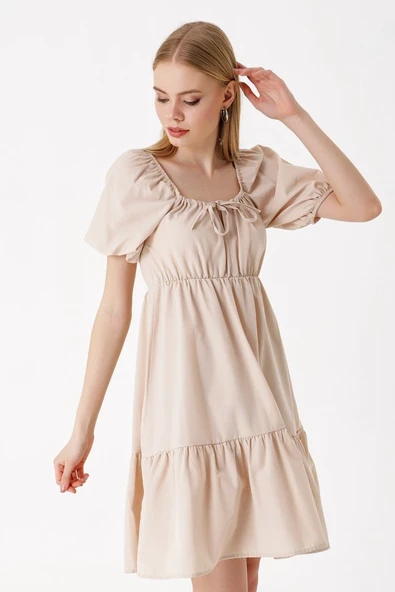 2351 Kloş Poplin Elbise - Bej - 4