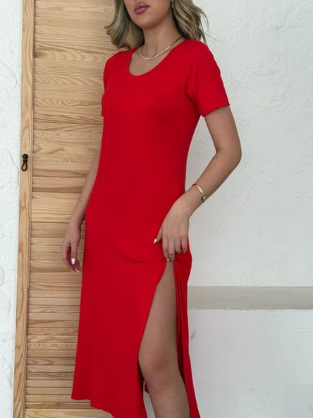 Kadın Kısa Kollu V Yaka Maxi Boy Elbise 124 Cm - 4