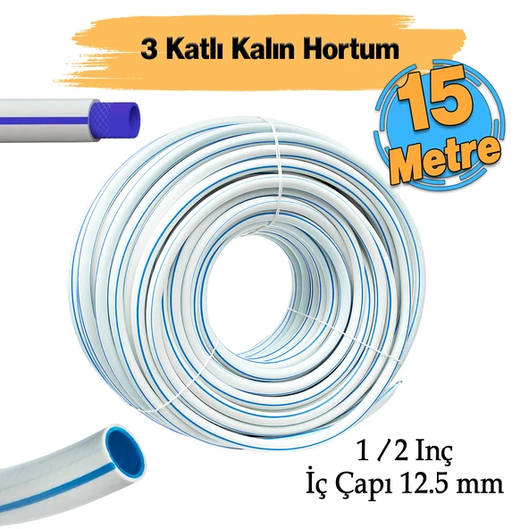 Bahçe Hortumu 15 Metre Çeşme Su Sulama Hortum Araç Araba Yıkama 12.5 mm 1/2" Turkuaz Renk