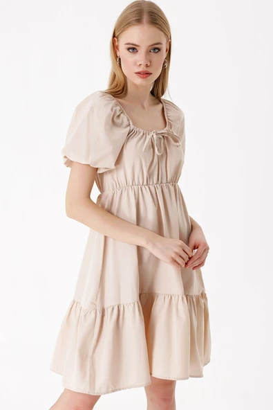 2351 Kloş Poplin Elbise - Bej - 3
