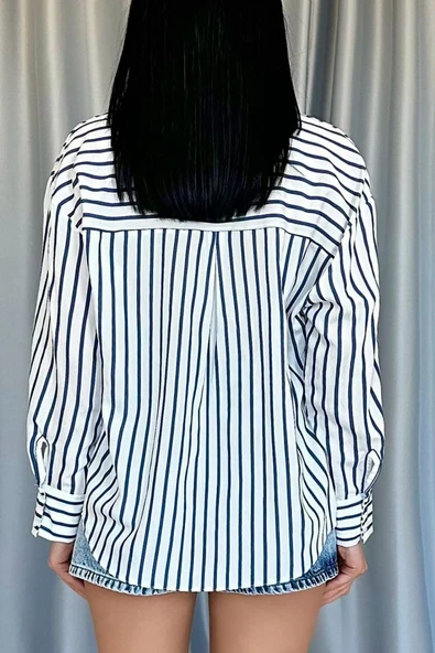 Lacivert Çizgili Gömlek - Resim 4