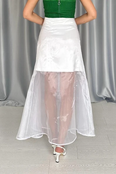 Beyaz Organze Detaylı Atlas Etek - 4