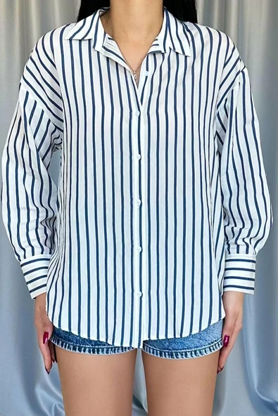 Lacivert Çizgili Gömlek - Resim 3