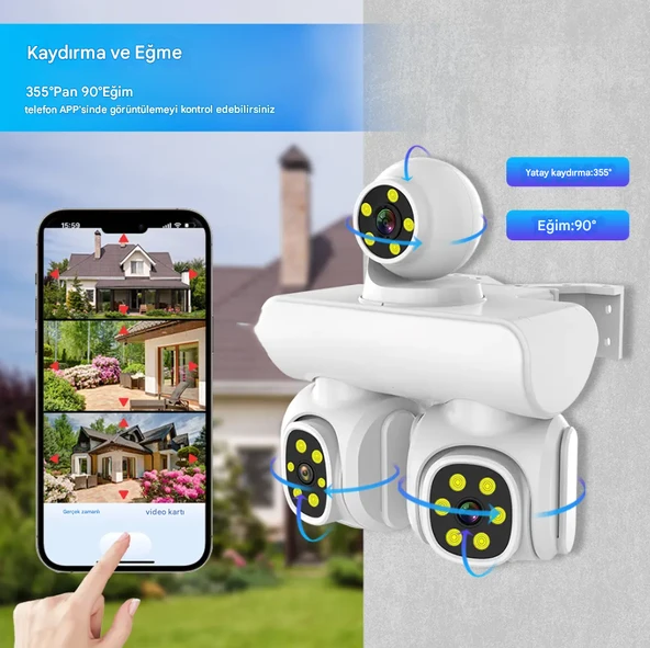 QASUL Yeni 9MP UHD 3 Ekran Kablosuz WiFi Ağ Video Gözetim  4K 360 Derece WiFi Güvenlik Kamerası - 3