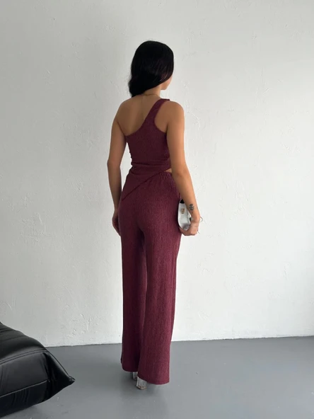 Asimetrik Crop Pantalon Ikili Takım - Gül Kurusu - 2