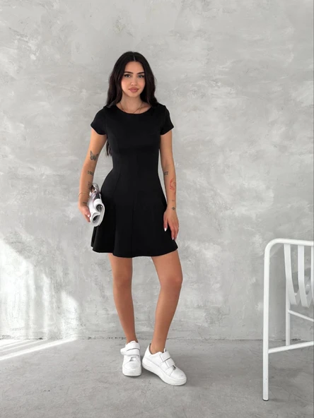Kısa Kollu Mini Elbise - Siyah - 3