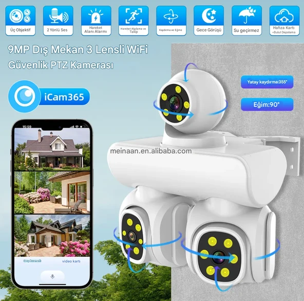 QASUL Yeni 9MP UHD 3 Ekran Kablosuz WiFi Ağ Video Gözetim  4K 360 Derece WiFi Güvenlik Kamerası - 2