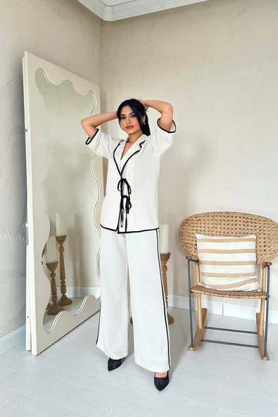 Bej Biye Detaylı Keten Takım