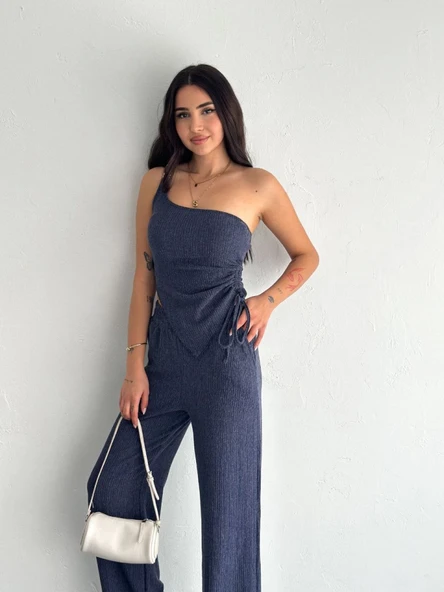 Asimetrik Crop Pantalon Ikili Takım - Lacivert - 4