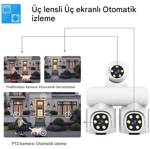 QASUL Yeni 9MP UHD 3 Ekran Kablosuz WiFi Ağ Video Gözetim  4K 360 Derece WiFi Güvenlik Kamerası - 4