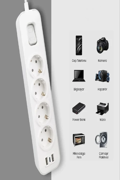 Akım Korumalı Grup Priz 4 lü Priz + 2 USB + 1 Type-C, Anahtarlı, 1.5 Metre, Çocuk Korumalı - 3