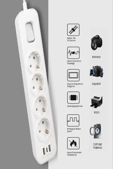 Akım Korumalı Grup Priz 4 lü Priz + 2 USB + 1 Type-C, Anahtarlı, 1.5 Metre, Çocuk Korumalı