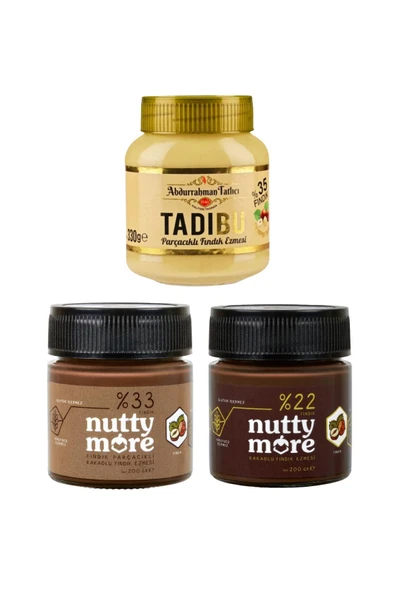 Abdurrahman Tatlıcı Parçacıklı Fındık Ezmesi 330 gr & Nutty More %33 Fındık Parçacıklı Kakaolu Fındık Ezmesi ve %22 Kakaolu Fındık Ezmesi 200 gr x 2 Adet