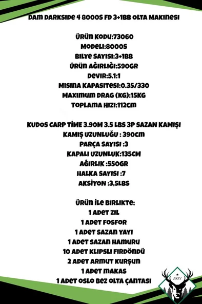 Dam Darkside 4 8000S FD Kudos Carp Time 390cm 3,5LBS Sazan Olta Seti - Resim 2