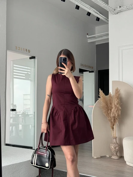 Fermuar Detaylı Mini Elbise - Kahve