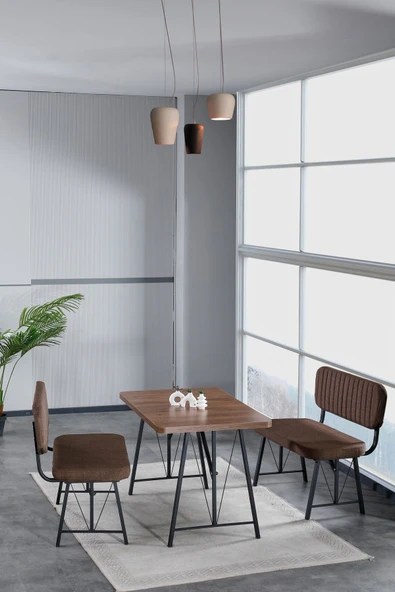 Hayat 70x110 Amalfi Mutfak Masası, Mutfak Masası Takımı, Yemek Masası, 2 Benchli - Kahverengi