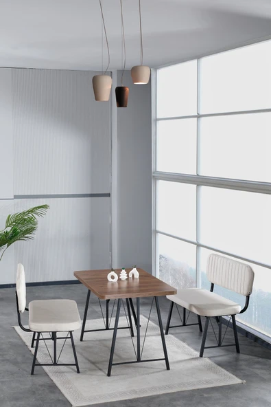 Hayat 70x110 Amalfi Mutfak Masası, Mutfak Masası Takımı, Yemek Masası, 2 Benchli - Krem