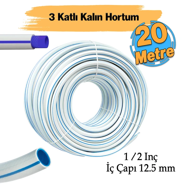 Bahçe Hortumu 20 Metre 3 Katlı Kalın Sağlam Çeşme Su Sulama Hortum Araç Araba Yıkama 12.5 mm 1/2"