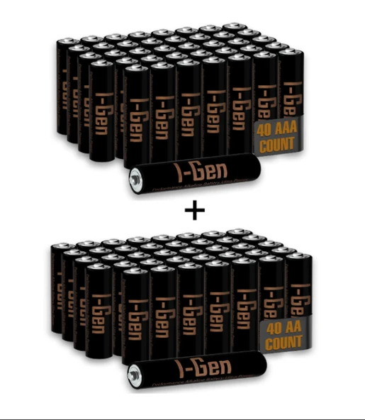 I-Gen A173 Ultra Alkalin 40'lı Paket LR03 1.5V AAA İnce Kalem Pil + 40'lı Paket LR6 1.5V AA Kalem Pil