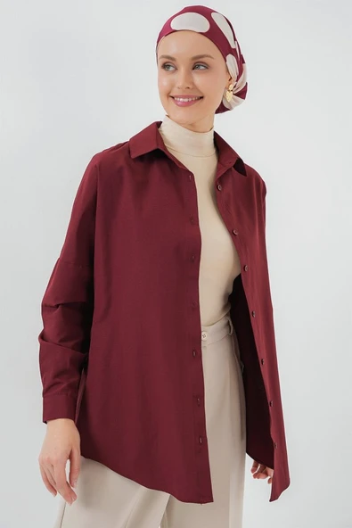 103901 Oversize Basic Tesettür Gömlek - Mürdüm - 4