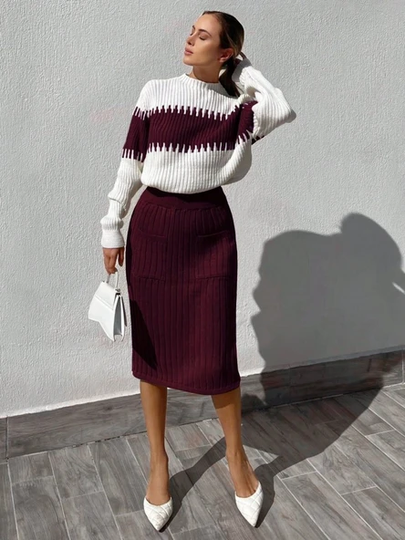 Kadın Uzun Kollu Triko Etekli Takım - Resim 4