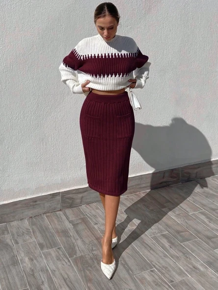 Kadın Uzun Kollu Triko Etekli Takım - Resim 3