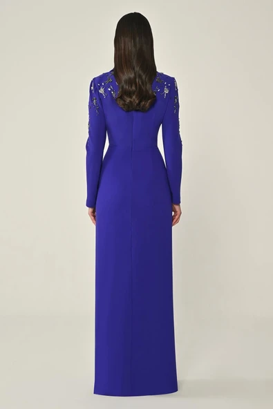 Uzun Kollu Yakası Uzun Krep Abiye Elbise Alfa Beta - Resim 6