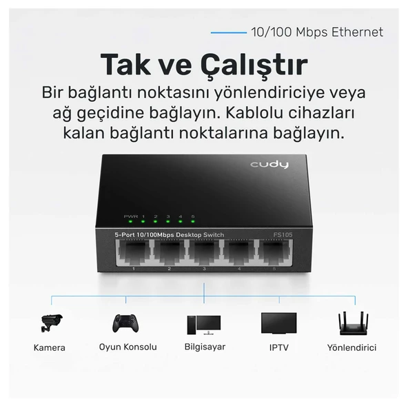 Cudy FS105 5Port 10/100Mbps Duvar Montajlı Metal Masaüstü Switch - 3