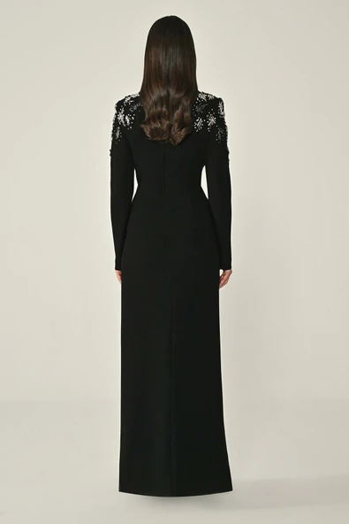 Uzun Kollu Yakası Uzun Krep Abiye Elbise Alfa Beta - Resim 3