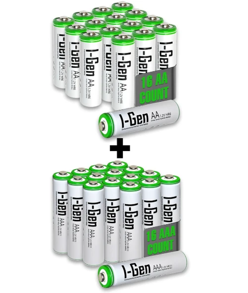 I-GEN B183 16 ADET AA 2700 MAH ŞARJLI KALEM PİL + 16 ADET AAA 900 MAH ŞARJLI İNCE KALEM PİL 1.2V NI-MH