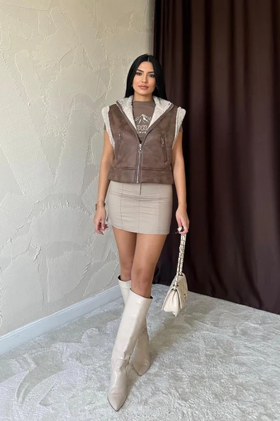 Kahverengi Cepli Kısa Yelek