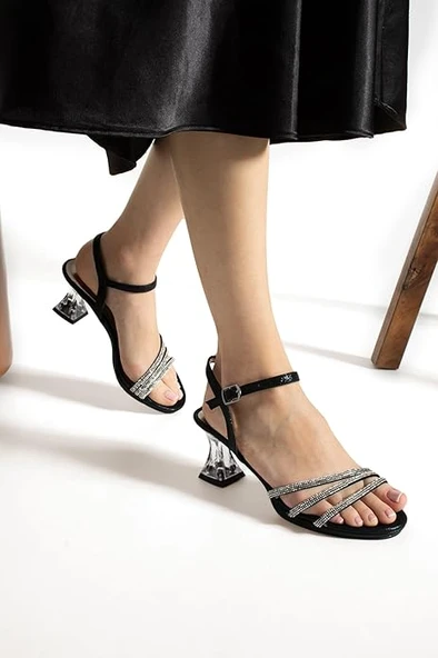 İremsu Üç Şerit Şerit Taş Detaylı 8 cm Şeffaf Topuklu İnce Platform Kadın Abiye Ayakkabı - Resim 2