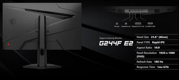 MSI G244F E2 23.8 FLAT IPS 1920X1080 (FHD) 16:9 180HZ 1MS FREESYNC PREMIUM GAMING MONITOR - 12