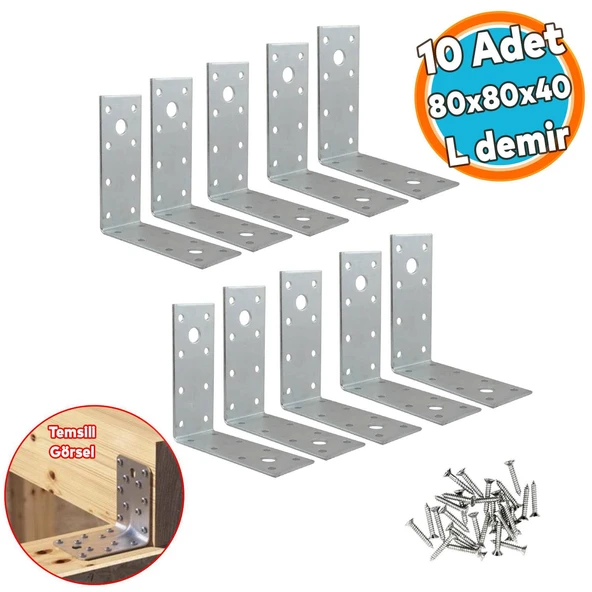 10 ADET Mobilya Dolap Duvar Sabitleme Metal Köşebent 40x80x80 mm Bağlantı Aparatı L Demiri Gönye
