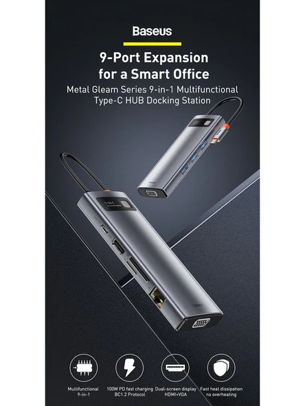 BASEUS 9 in 1 Metal Gleam 9 Port Type-C Hub Adapter HDMIx1+USB3.0x3+PDx1+SD/TFx1+RJ45x1+VGA CAHUB-CU0G - 2