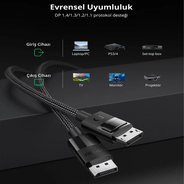 UGREEN 80392 DP114 Ultra HD 8K 60Hz Çözünürlük Displayport to Displayport 1.4 Örgülü Kablo 2metre - 3