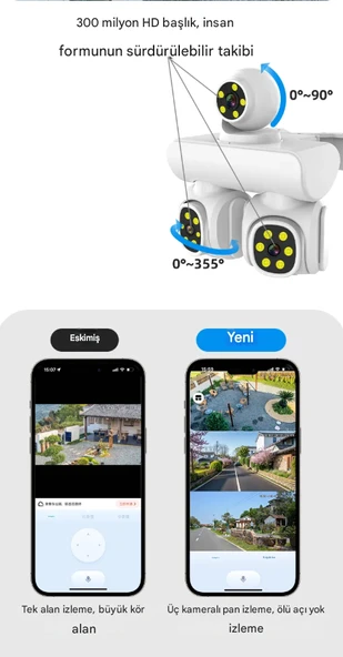 QASUL Full HD 12MP 6K Speed Dome 3 Lens Renkli Gece Görüş İki Yönlü Ses Renkli Cep Telefonu Uzaktan İzleme - 2